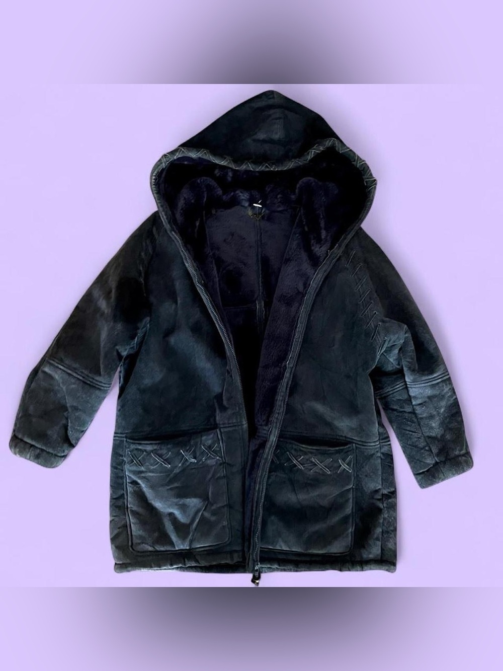 Navy Blue Hooded Genuine Suede Coat with Faux Fur Lining